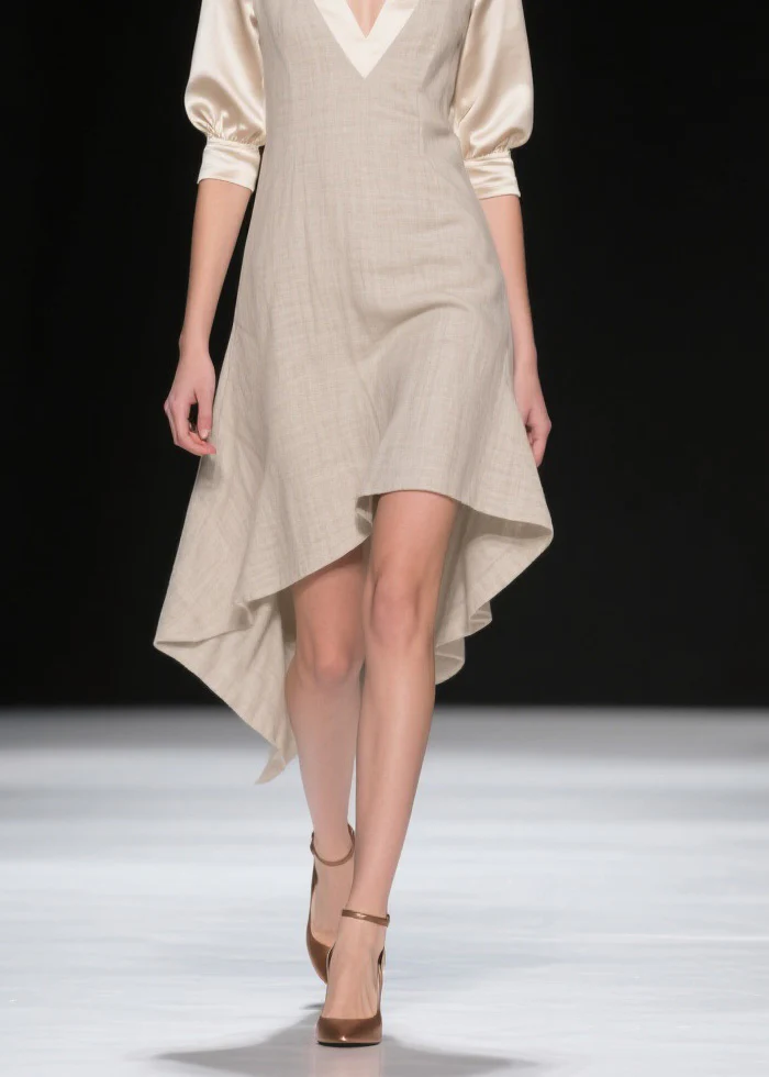 French V Neck Asymmetrical Patchwork Linen Silk Dresses Summer - Image 4