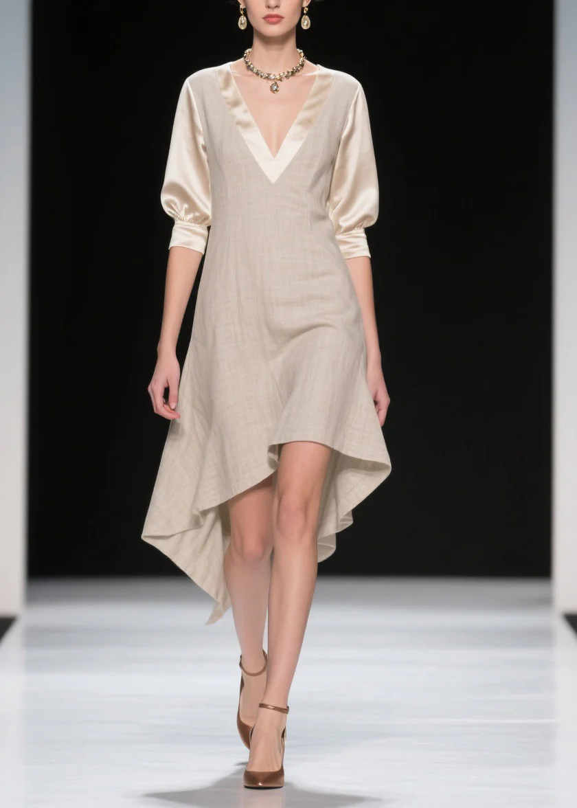 French V Neck Asymmetrical Patchwork Linen Silk Dresses Summer - Image 5