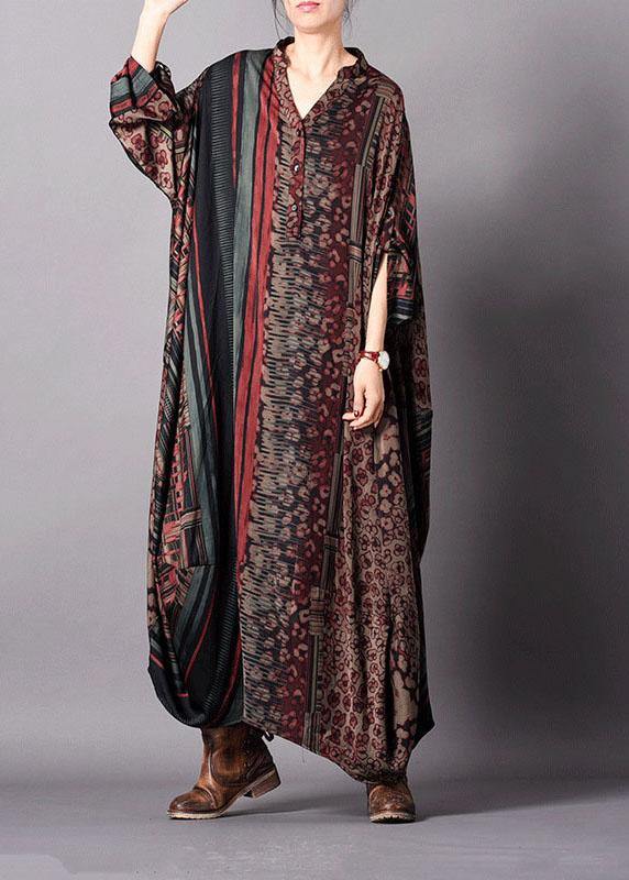 French v neck Batwing Sleeve dresses Sleeve red print Plus Size Dress fall - Image 2