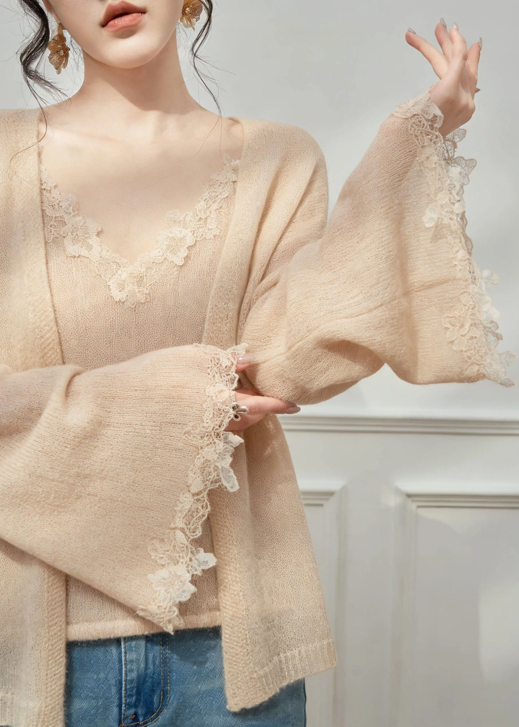 French V Neck Lace Patchwork Knit Two Pieces Set Spring - Image 5