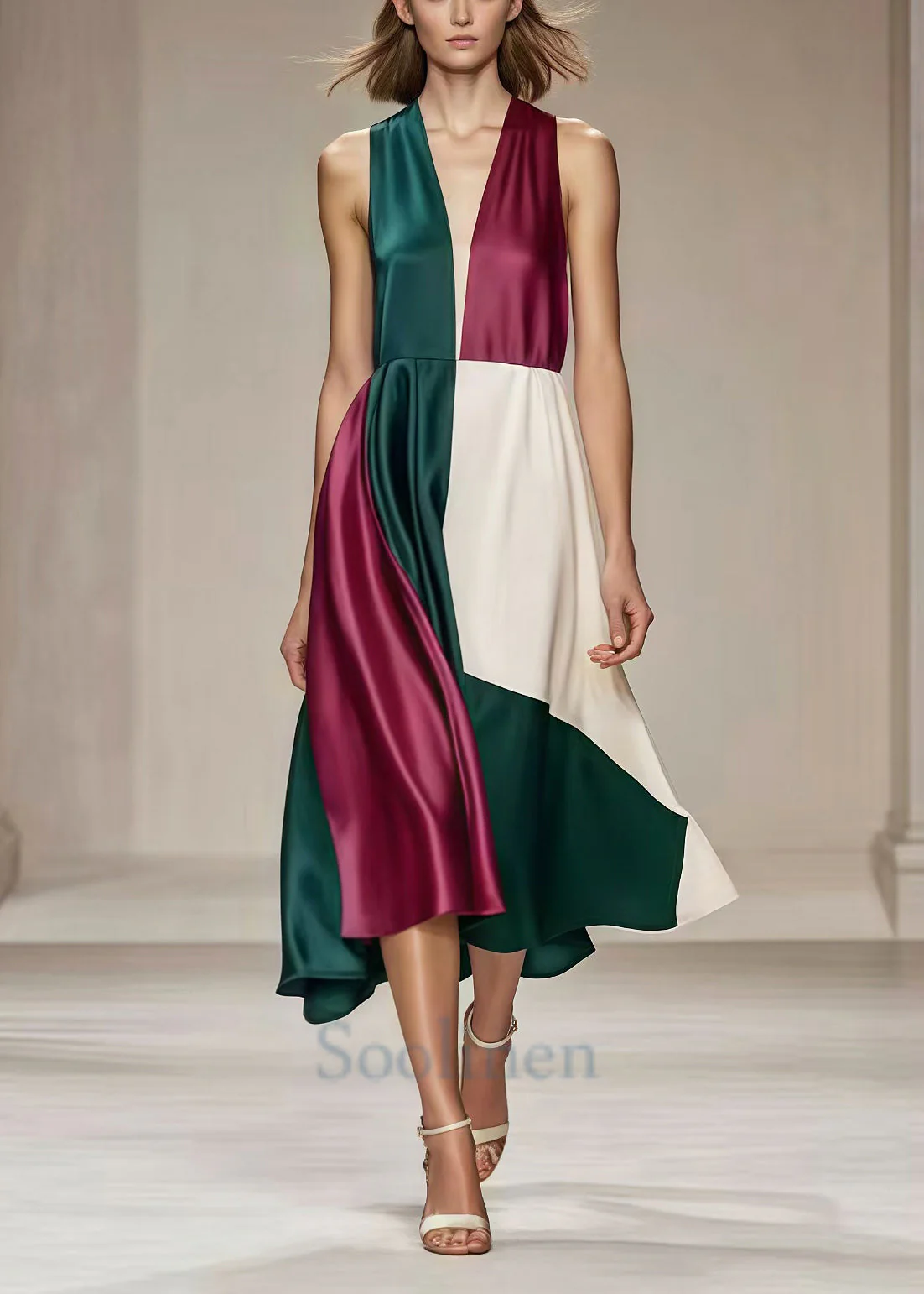 French V Neck Patchwork Draping Silk Tea Dress Summer - Image 2