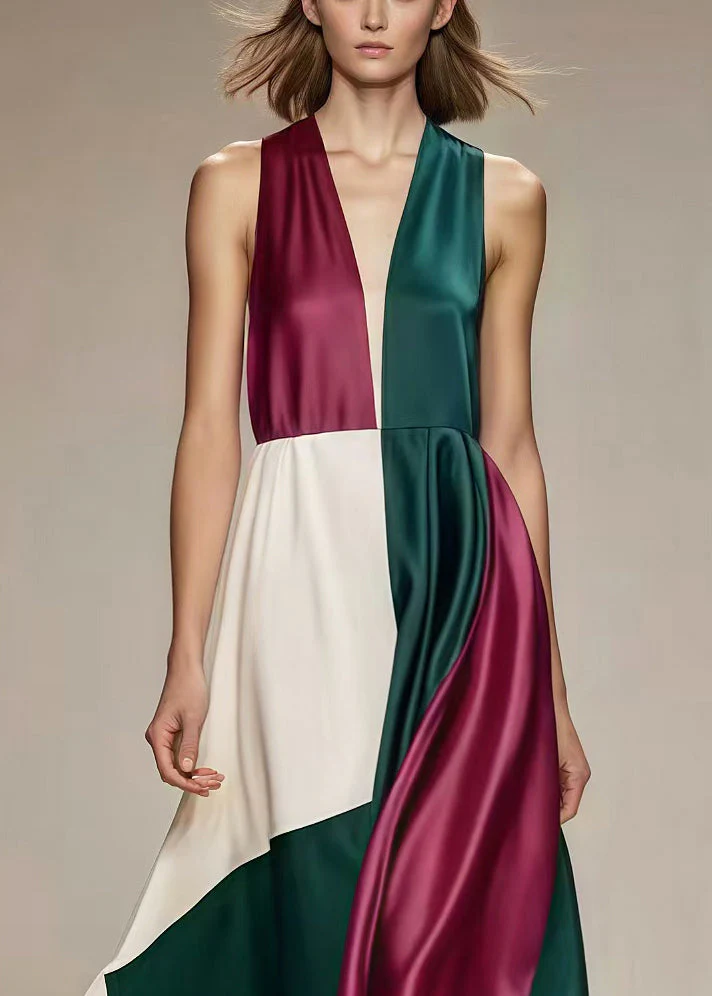 French V Neck Patchwork Draping Silk Tea Dress Summer - Image 3
