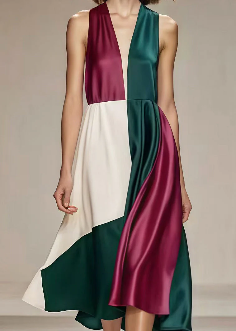 French V Neck Patchwork Draping Silk Tea Dress Summer - Image 4