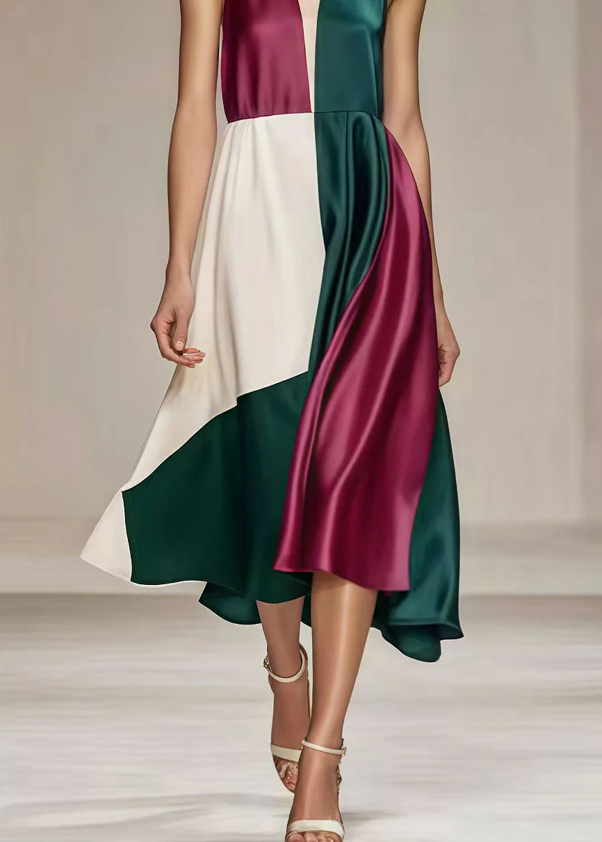 French V Neck Patchwork Draping Silk Tea Dress Summer - Image 5