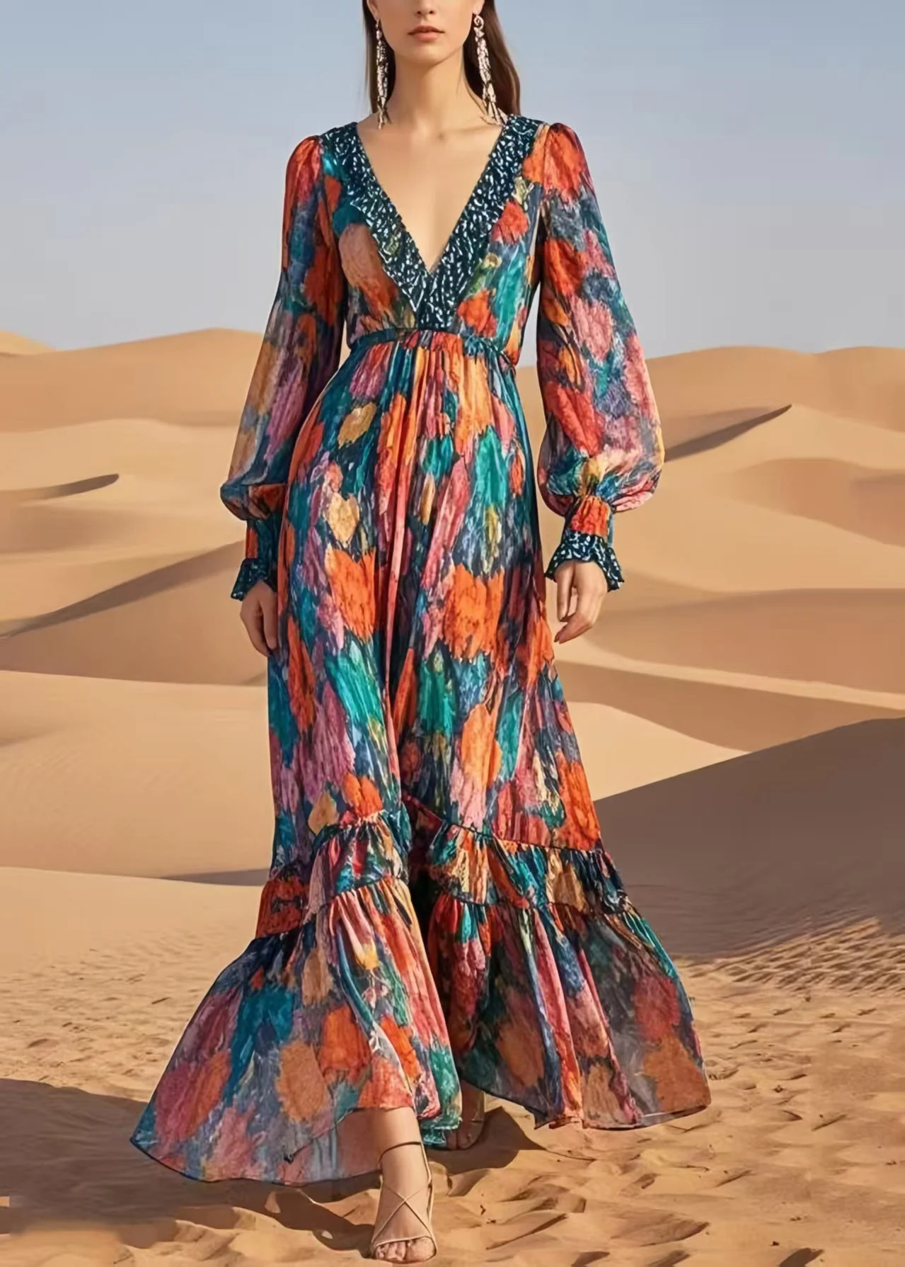 French V Neck Print Chiffon Ankle Dress Summer - Image 3