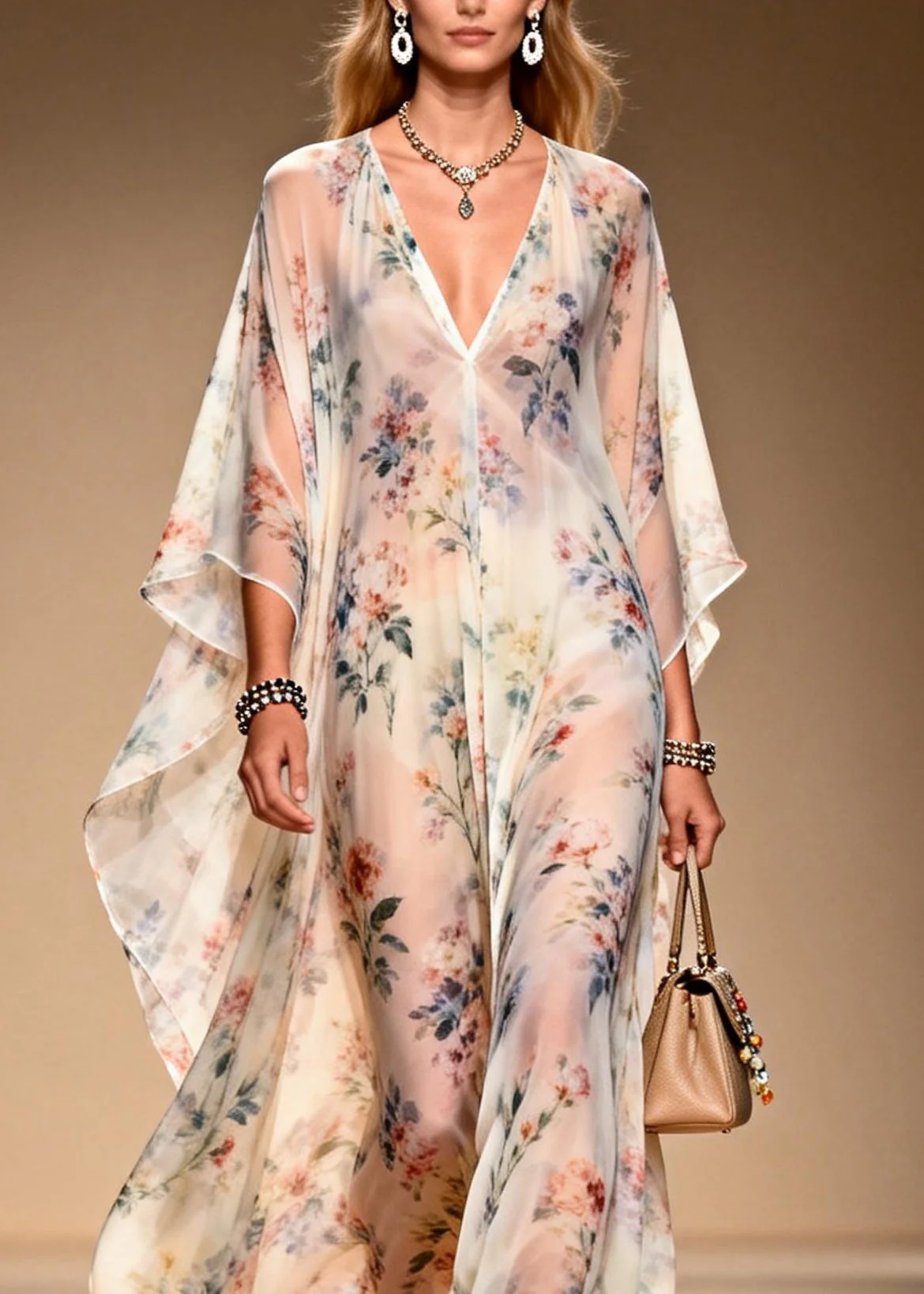 French V Neck Print Chiffon Long Dresses Summer - Image 2