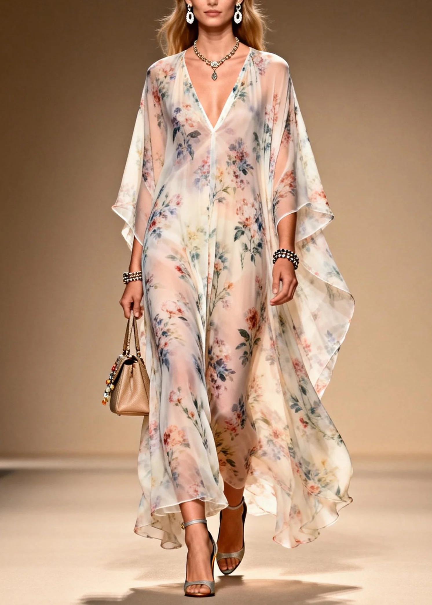 French V Neck Print Chiffon Long Dresses Summer - Image 3