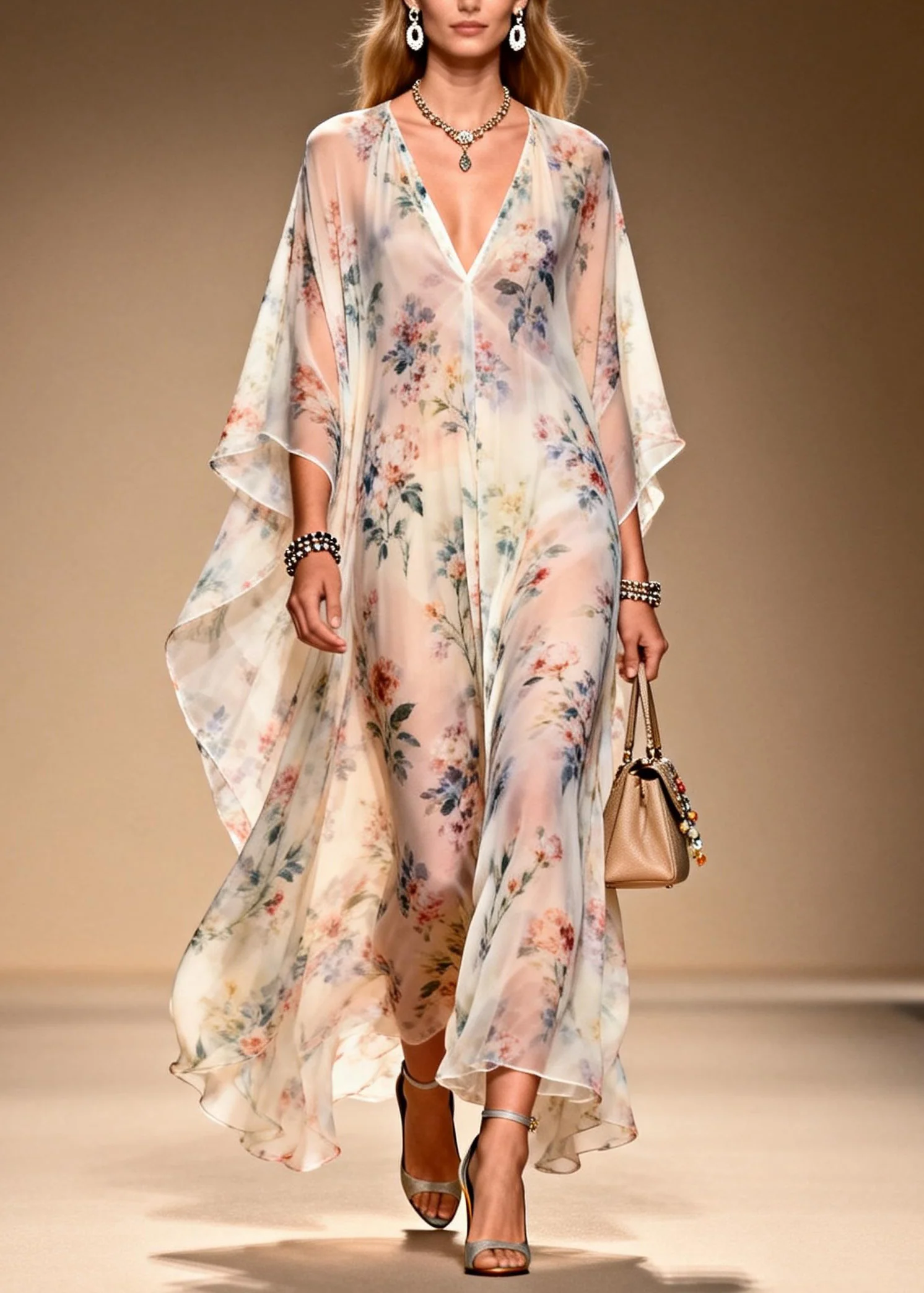French V Neck Print Chiffon Long Dresses Summer - Image 5