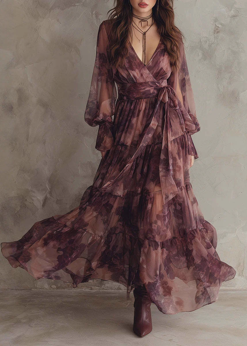 French V Neck Print Patchwork Chiffon Ankle Dress Summer