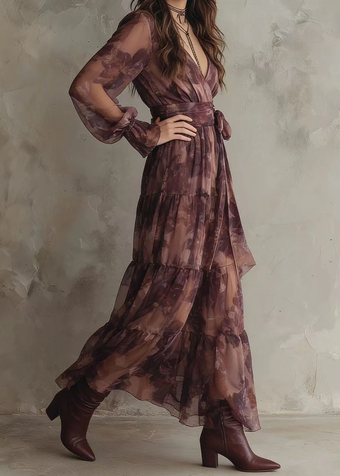 French V Neck Print Patchwork Chiffon Ankle Dress Summer - Image 2