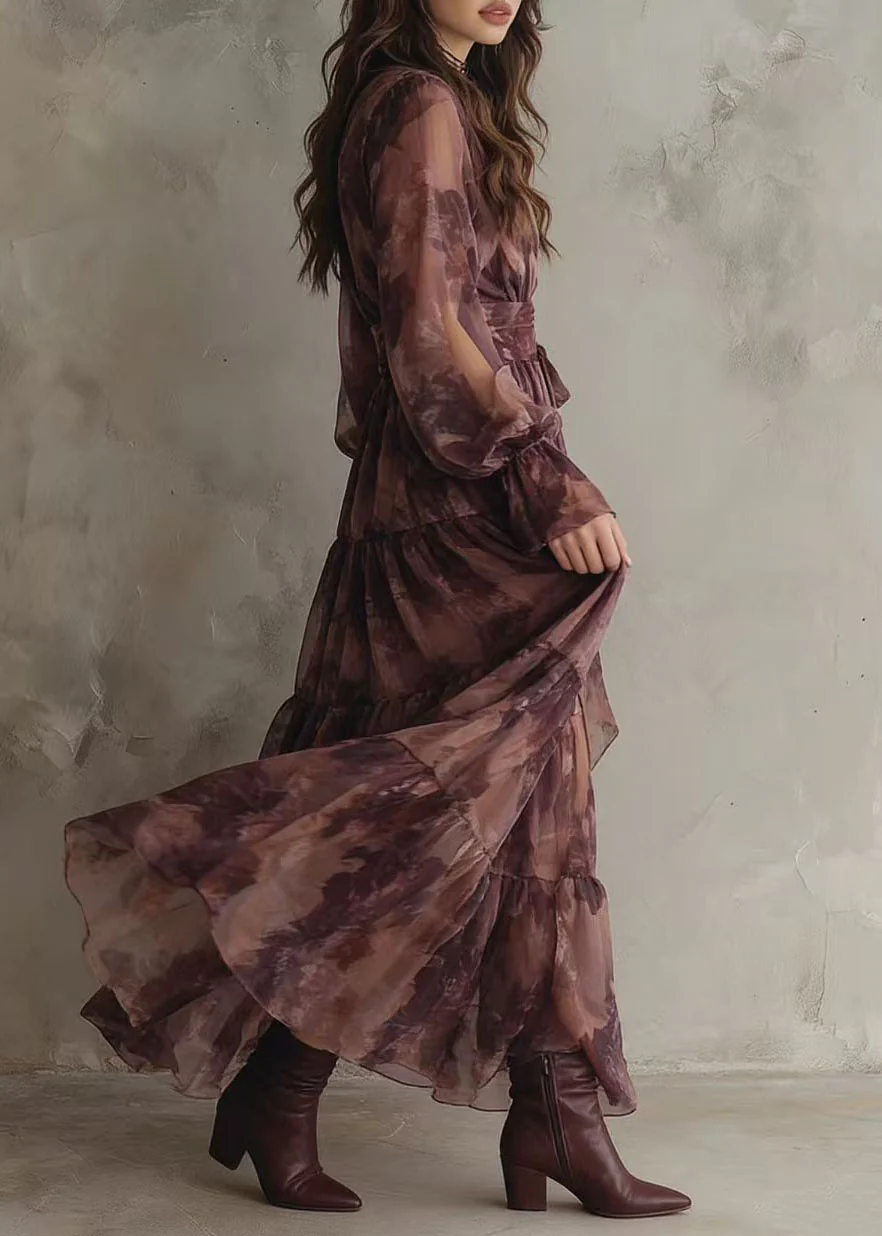 French V Neck Print Patchwork Chiffon Ankle Dress Summer - Image 3
