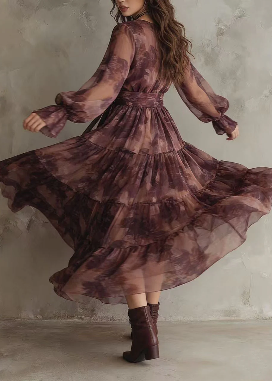 French V Neck Print Patchwork Chiffon Ankle Dress Summer - Image 4