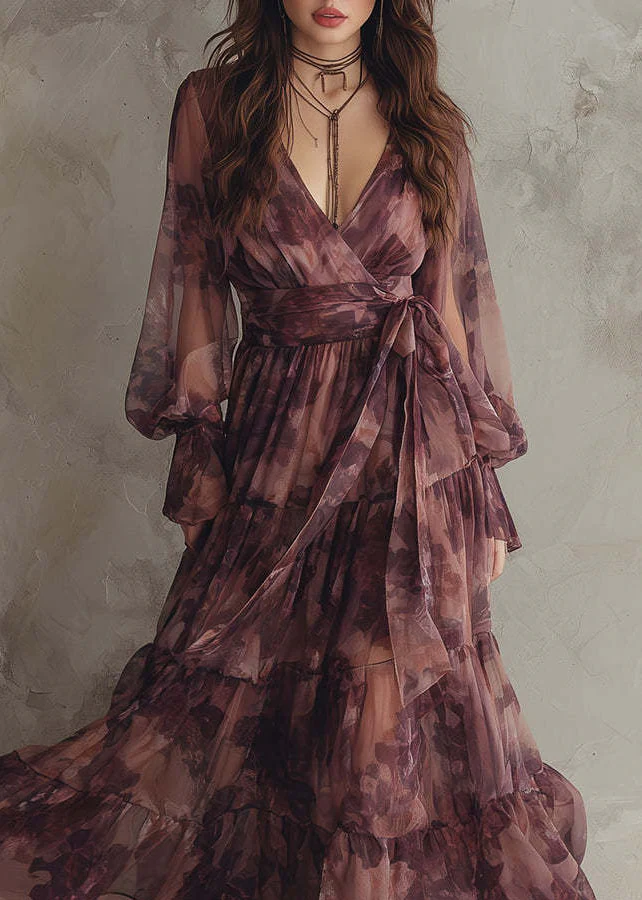 French V Neck Print Patchwork Chiffon Ankle Dress Summer - Image 5