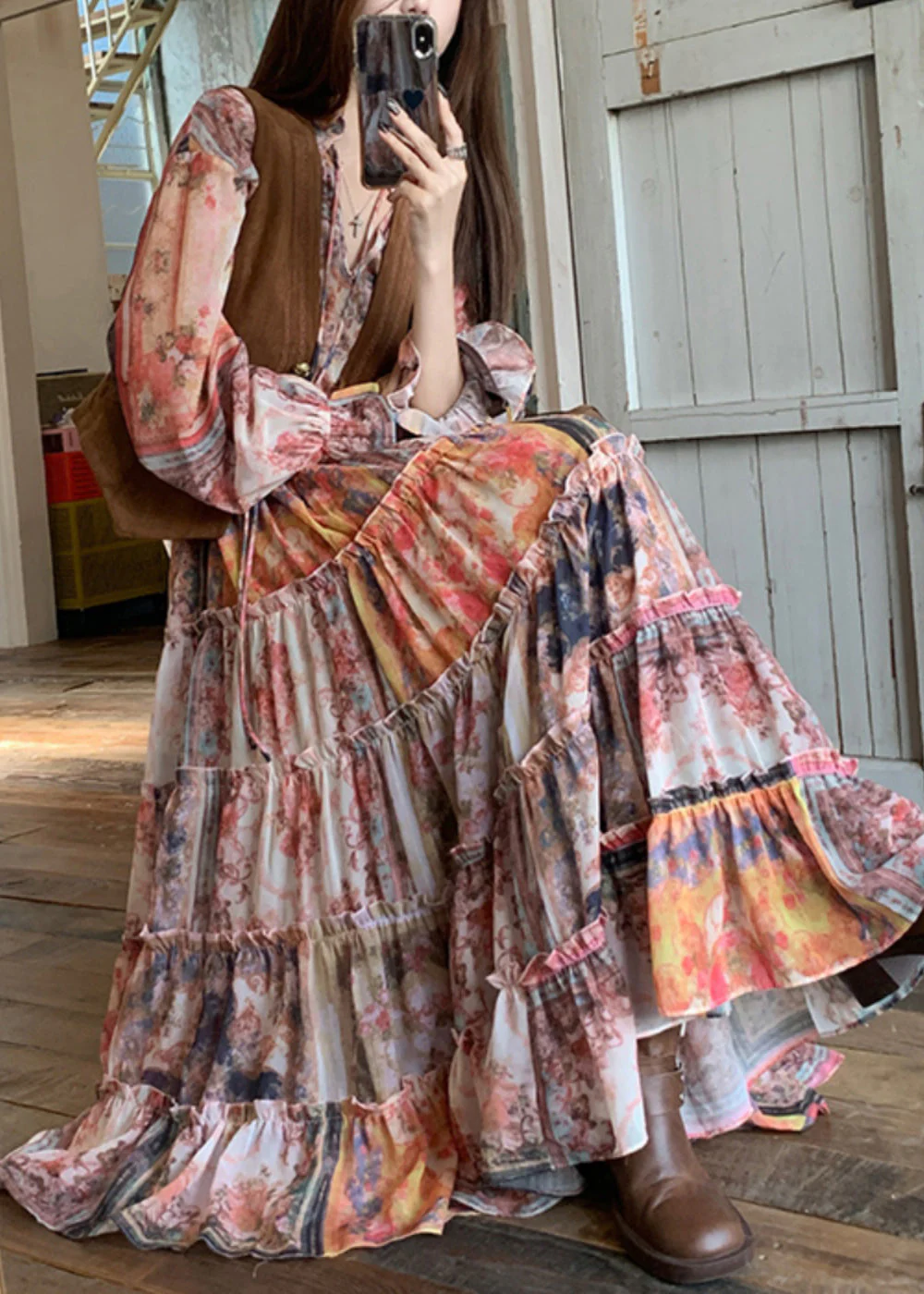 French V Neck Print Waistcoat And Maxi Dress Two Pieces Set Flare Sleeve - Image 3