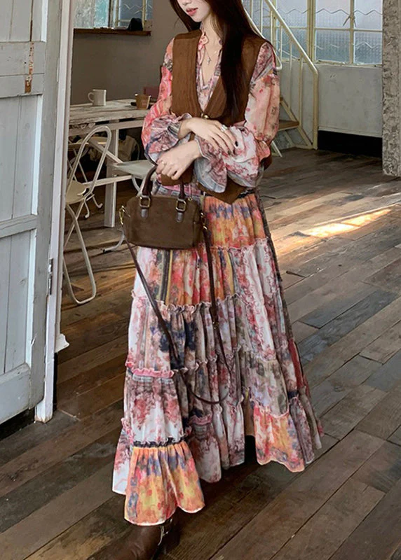 French V Neck Print Waistcoat And Maxi Dress Two Pieces Set Flare Sleeve - Image 4