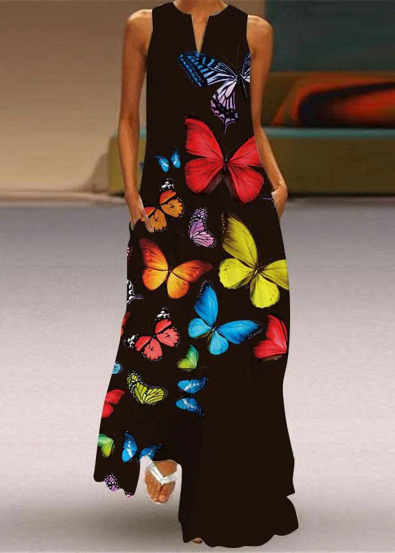 French V Neck Rose Print Chiffon Long Dress Sleeveless - Image 2