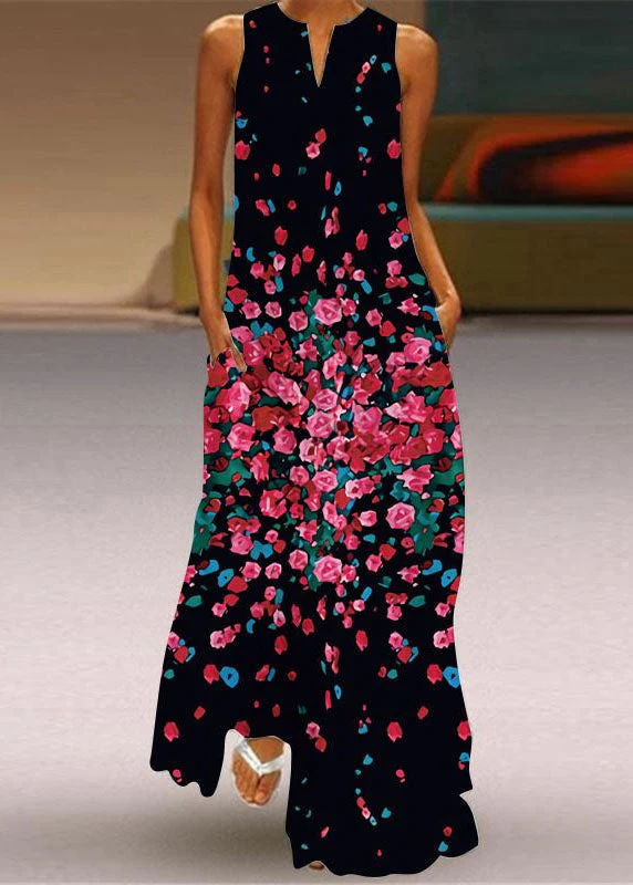 French V Neck Rose Print Chiffon Long Dress Sleeveless - Image 3