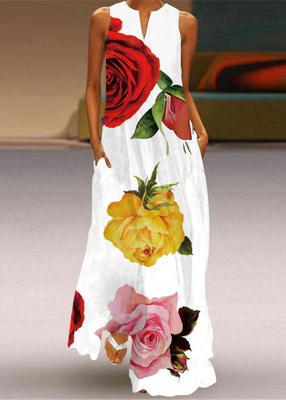French V Neck Rose Print Chiffon Long Dress Sleeveless - Image 4