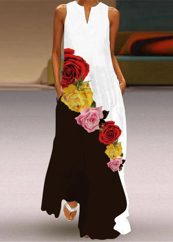 French V Neck Rose Print Chiffon Long Dress Sleeveless - Image 5