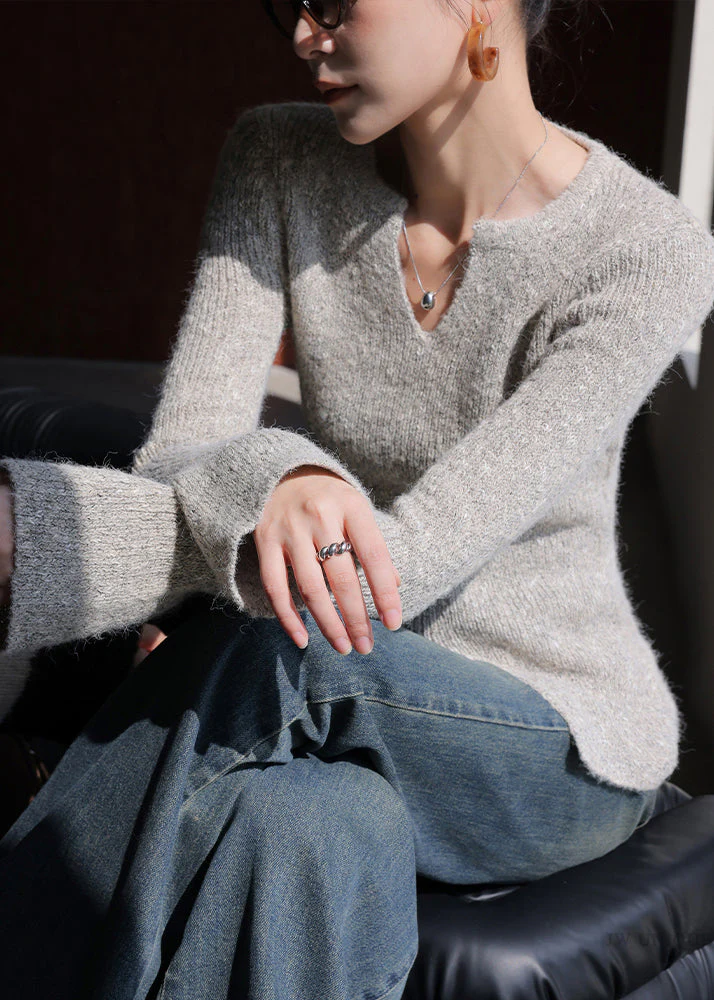 French V Neck Slim Fit Knitted Tops Spring - Image 2
