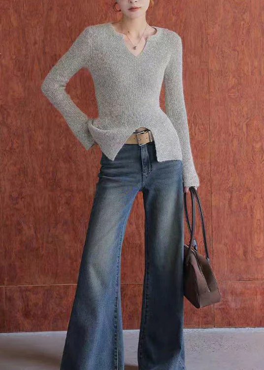 French V Neck Slim Fit Knitted Tops Spring - Image 4