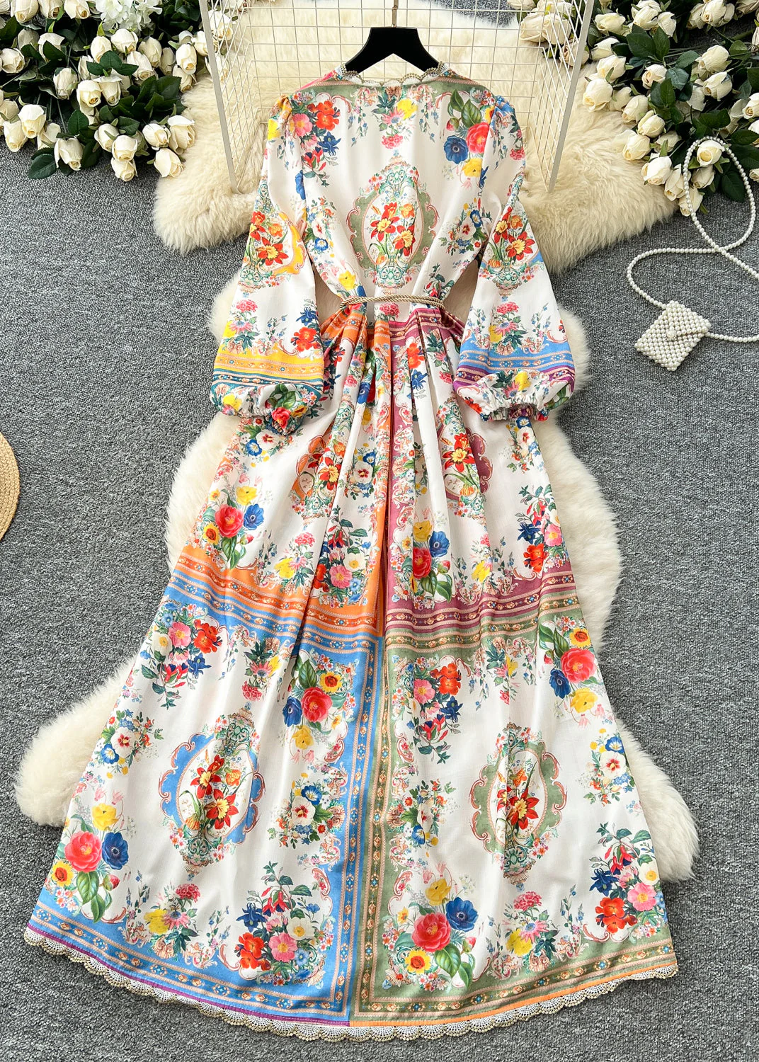 French V Neck Tie Waist Print Chiffon Party Dress Spring - Image 2