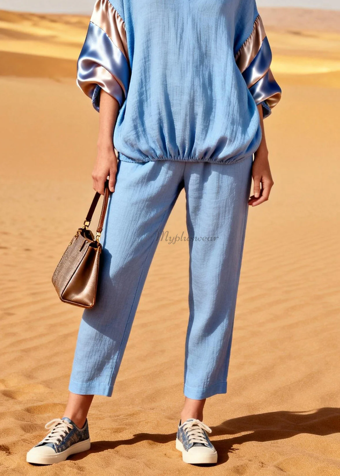 French V Neck Tops And Pants Silk Patchwork Linen Two Pieces Set Spring - Image 4