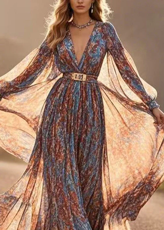 French V Neck Wrinkled Chiffon Long Dresses Lantern Sleeve - Image 2