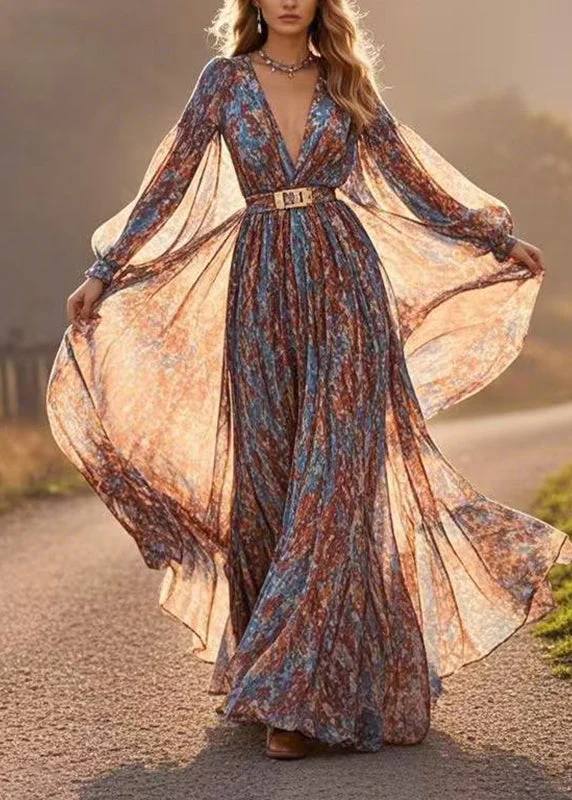 French V Neck Wrinkled Chiffon Long Dresses Lantern Sleeve - Image 3