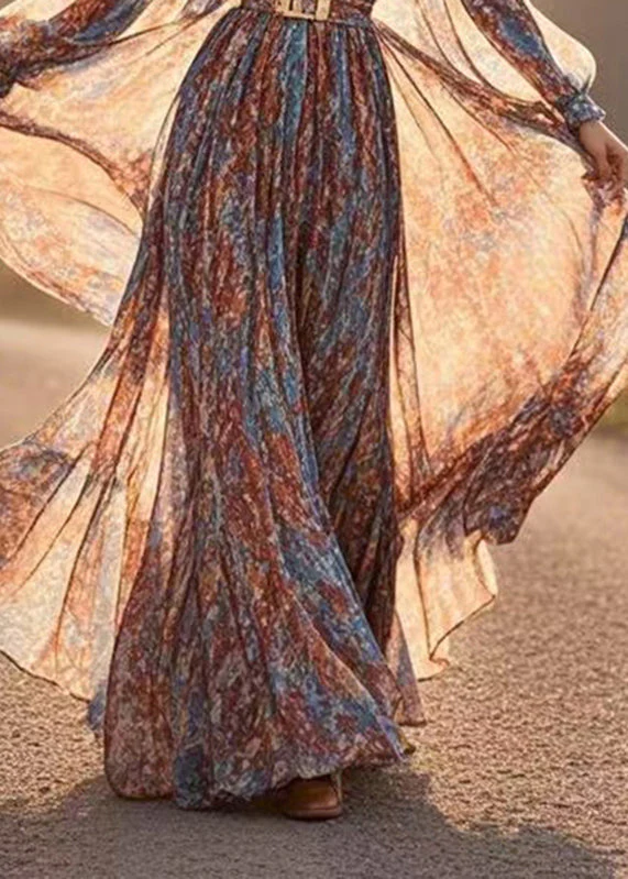 French V Neck Wrinkled Chiffon Long Dresses Lantern Sleeve - Image 4