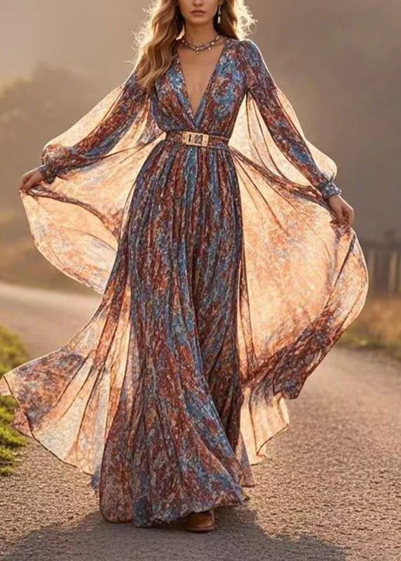 French V Neck Wrinkled Chiffon Long Dresses Lantern Sleeve - Image 5