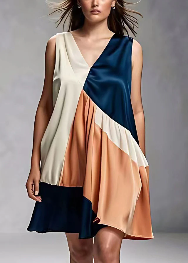 French V Neck Wrinkled Patchwork Silk Dress Sleeveless - Image 2