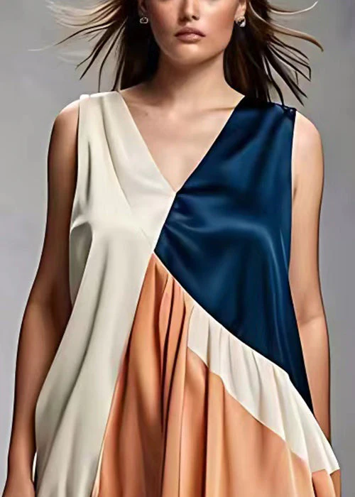 French V Neck Wrinkled Patchwork Silk Dress Sleeveless - Image 4