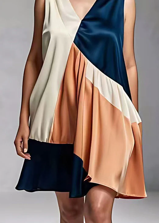 French V Neck Wrinkled Patchwork Silk Dress Sleeveless - Image 5