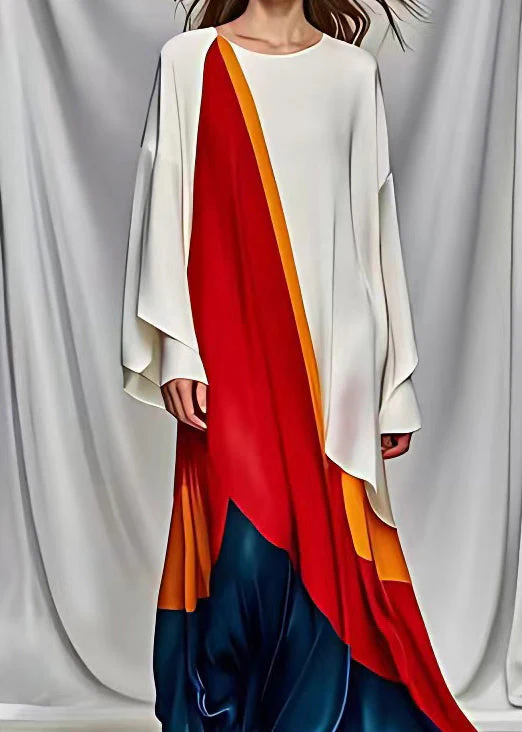 French White Asymmetrical Design Patchwork Silk Maxi Dresses Long Sleeve - Image 3