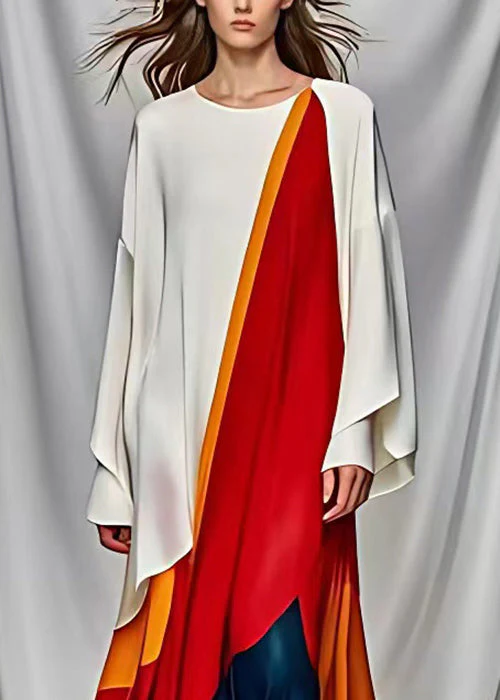 French White Asymmetrical Design Patchwork Silk Maxi Dresses Long Sleeve - Image 4