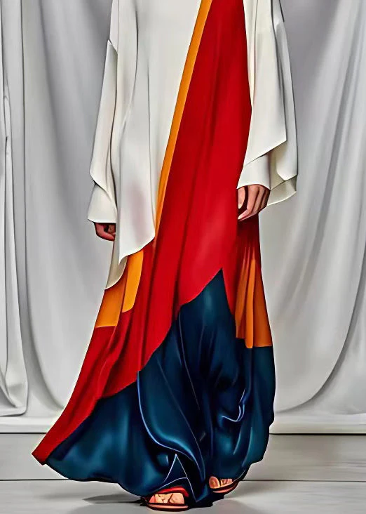 French White Asymmetrical Design Patchwork Silk Maxi Dresses Long Sleeve - Image 5