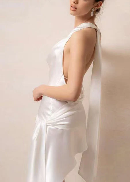 French White Asymmetrical Floral Silk Mini Dresses Summer - Image 4