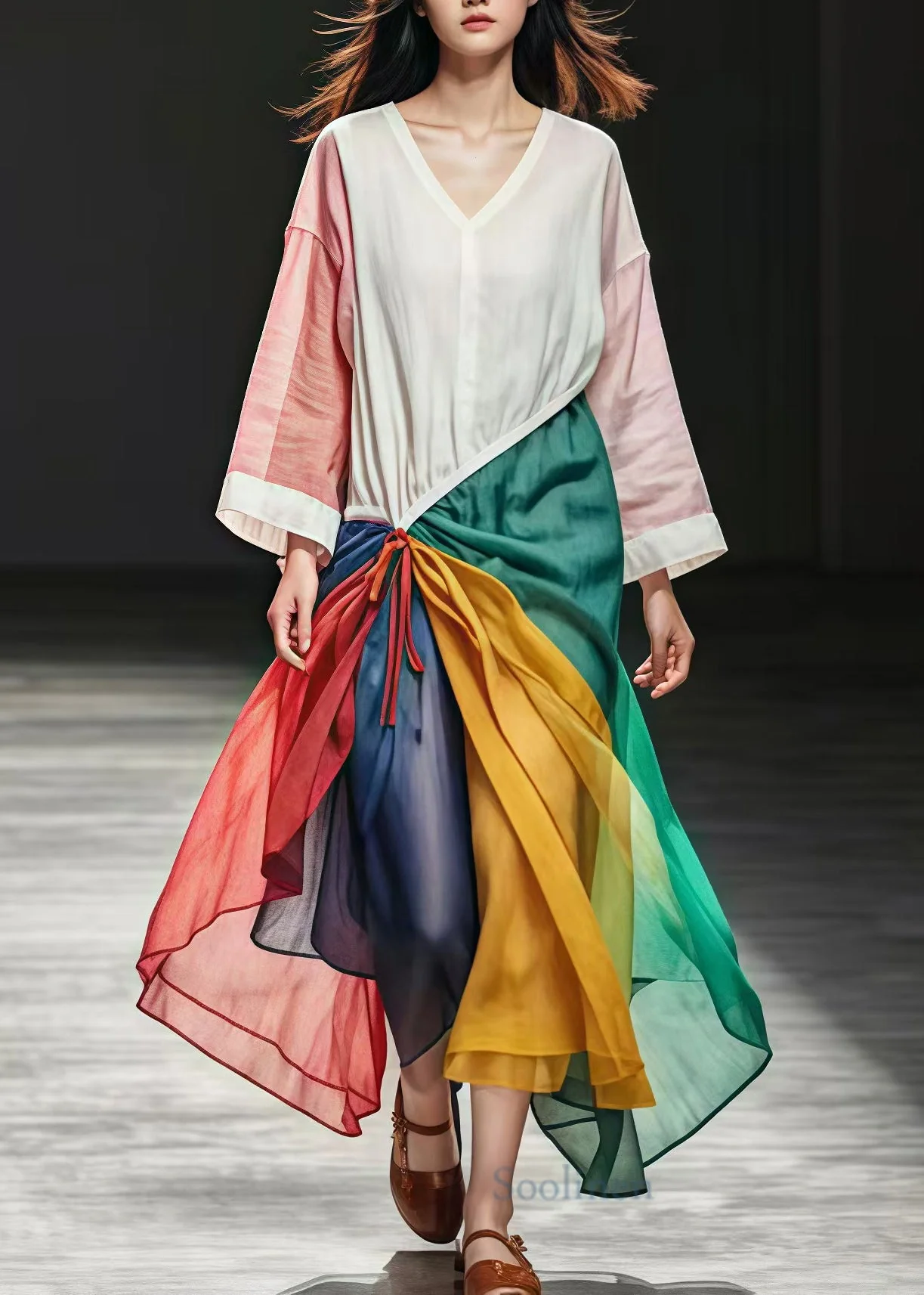 French White Asymmetrical Patchwork Cotton Fake Two Piece Dress Spring - Image 2
