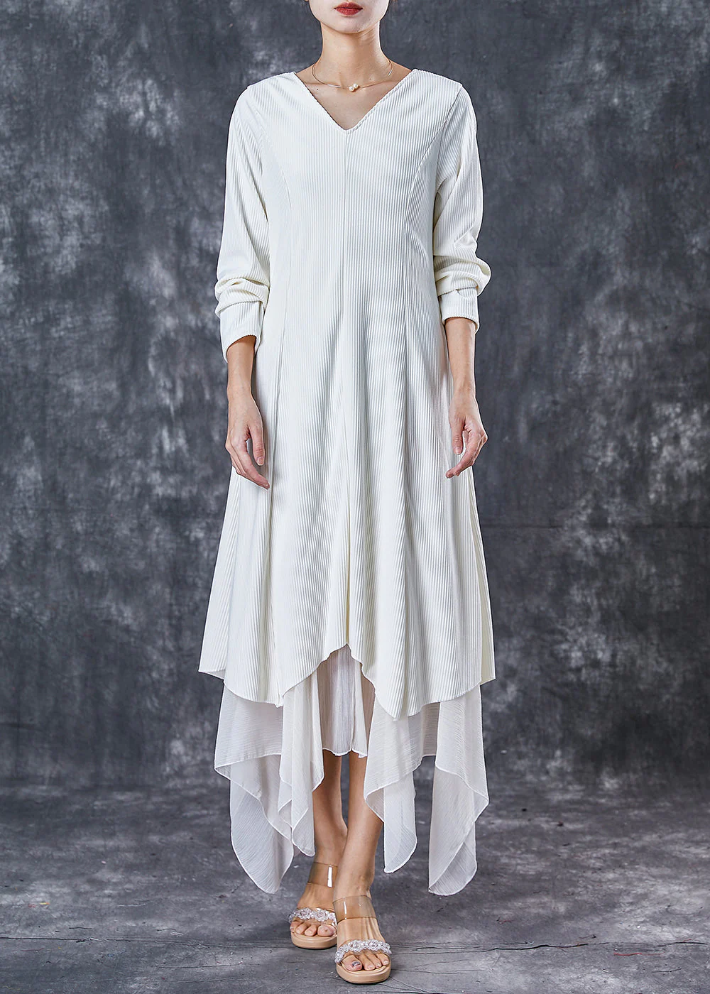 French White Asymmetrical Patchwork Knit Holiday Dress Spring - Image 2