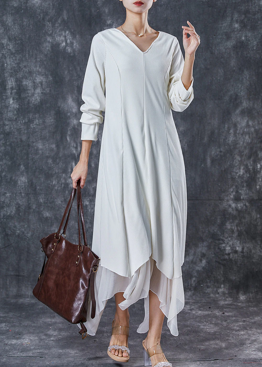 French White Asymmetrical Patchwork Knit Holiday Dress Spring - Image 3