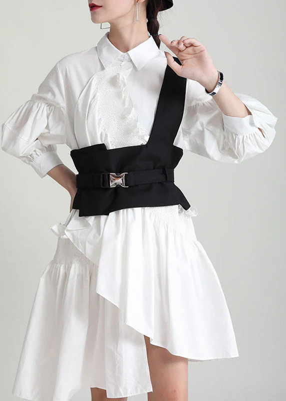 French White Asymmetrical Patchwork Ruffles Cotton Shirt Dress Lantern Sleeve - Image 2