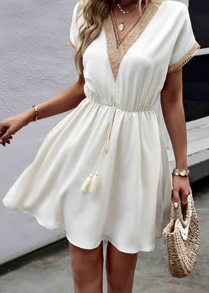 French White Cinched Patchwork Lace Mini Dress Summer - Image 2