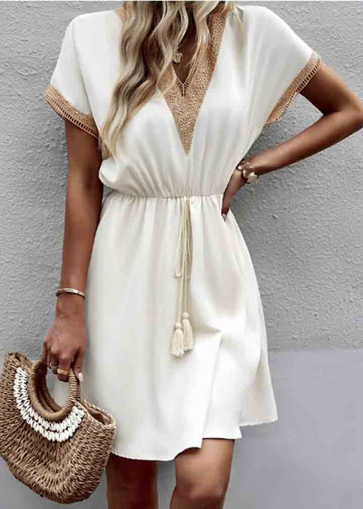 French White Cinched Patchwork Lace Mini Dress Summer - Image 3