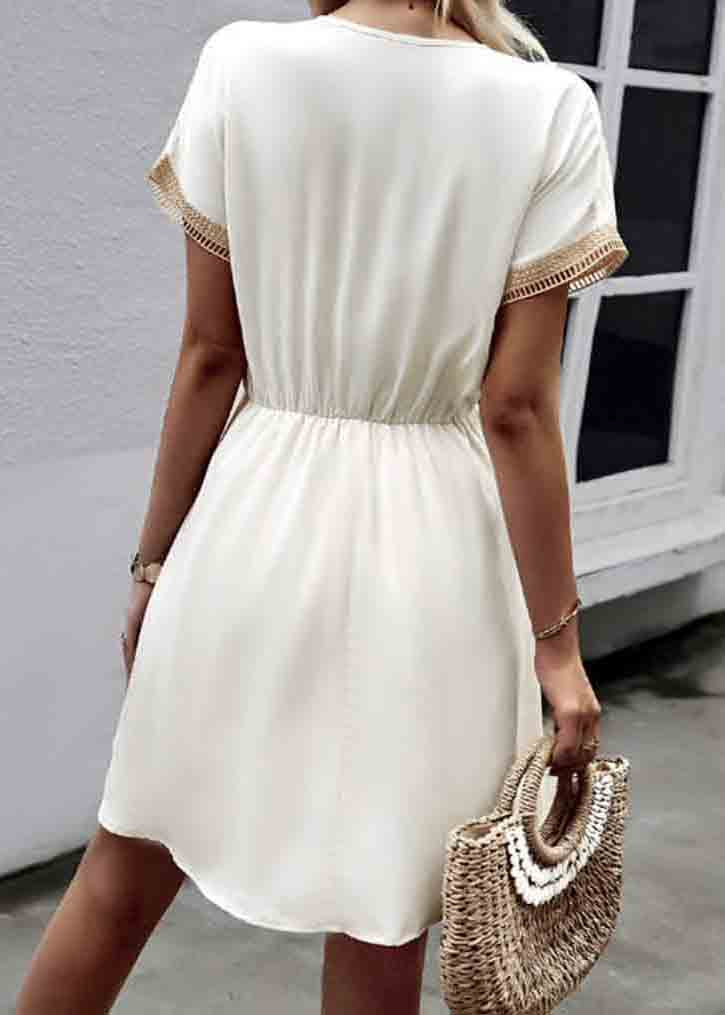 French White Cinched Patchwork Lace Mini Dress Summer - Image 4
