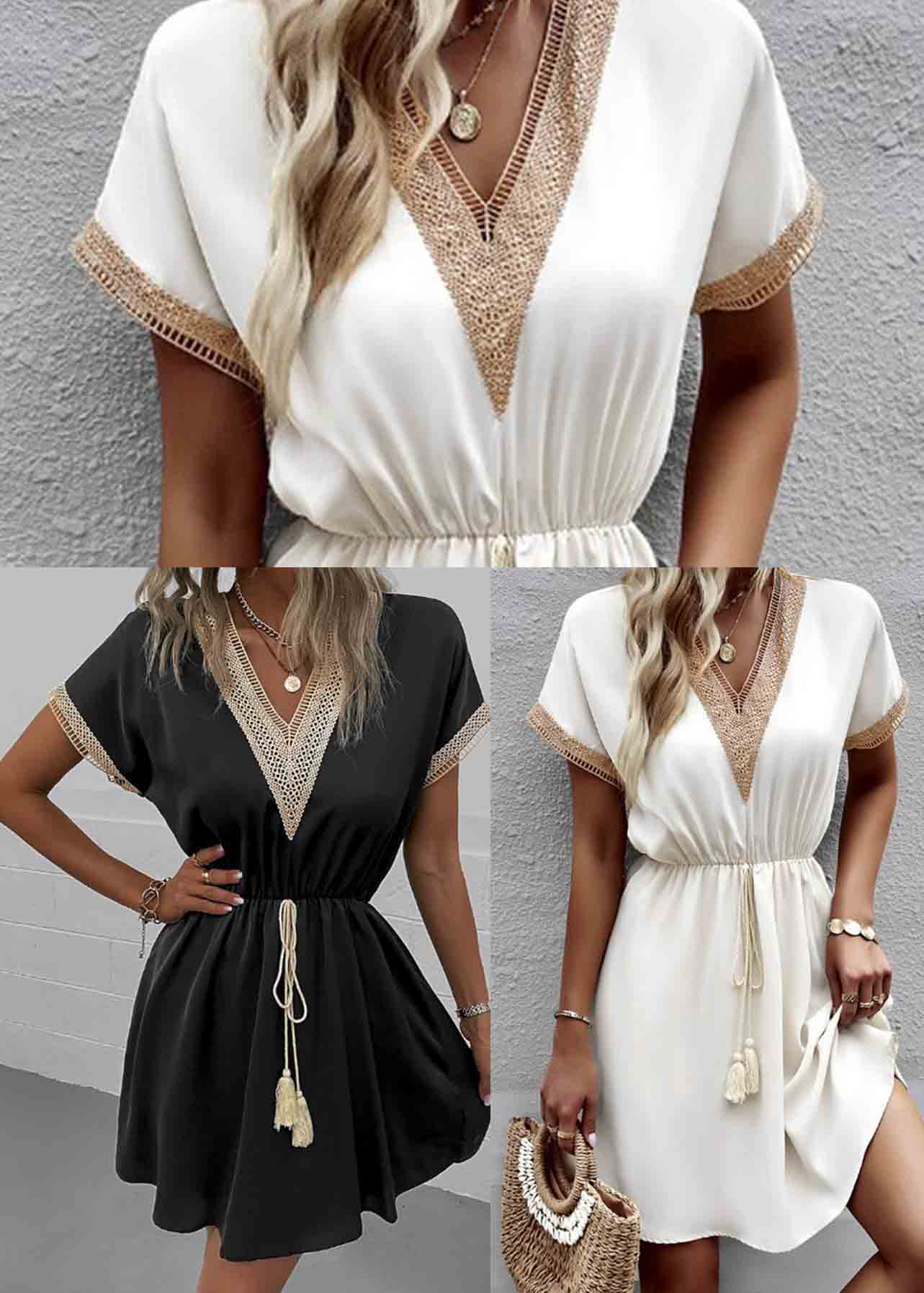 French White Cinched Patchwork Lace Mini Dress Summer - Image 5