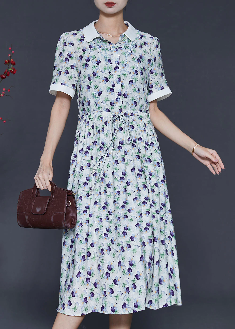 French White Cinched Print Chiffon Dress Summer - Image 2