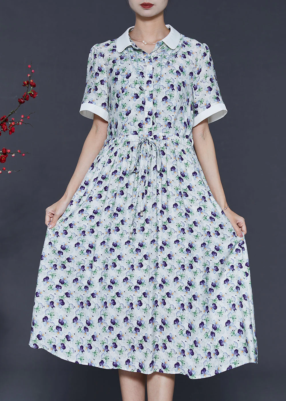 French White Cinched Print Chiffon Dress Summer - Image 3