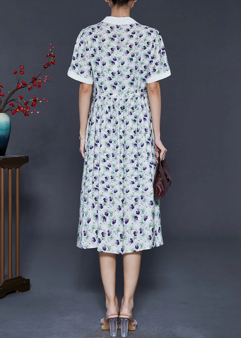 French White Cinched Print Chiffon Dress Summer - Image 4