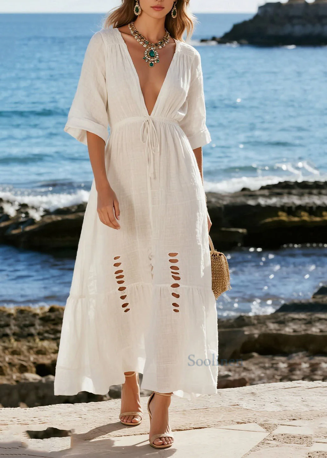 French White Cinched Ripped Cotton Beach Dress Summer - Image 3